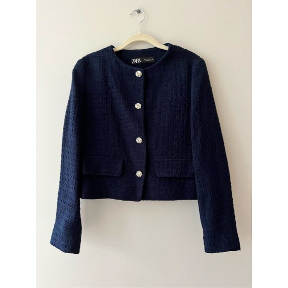 NWT Zara navy structured tweed blazer size M - Picture 2 of 5